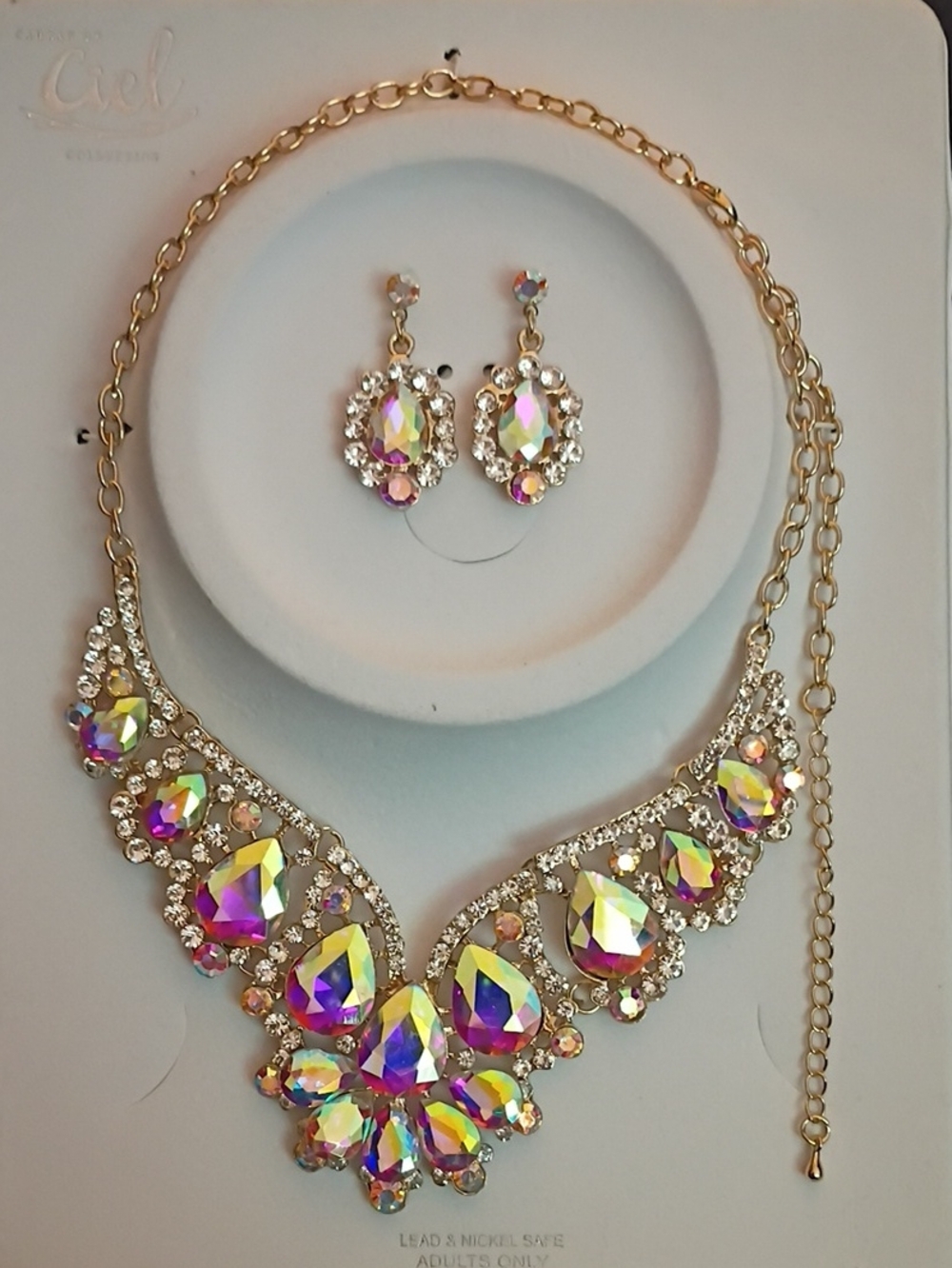 Aurora Iridescent Teardrop Crystal Necklace and Earrings - Gold Tone